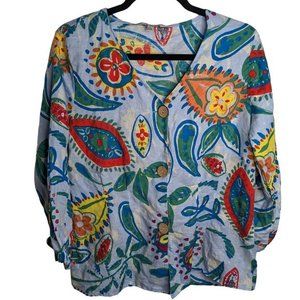 Linen Blend Hester & Orchard Unique Print Blouse Shirt Large Colorful Floral Art